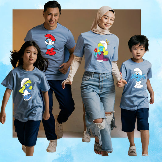 Family Tshirt Smurf  Set Family Baju 100%Cotton For Holiday